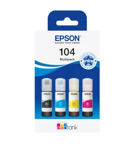 4x Epson EcoTank 104 Genuine Ink Bottles Multipack - Black Cyan Yellow Magenta